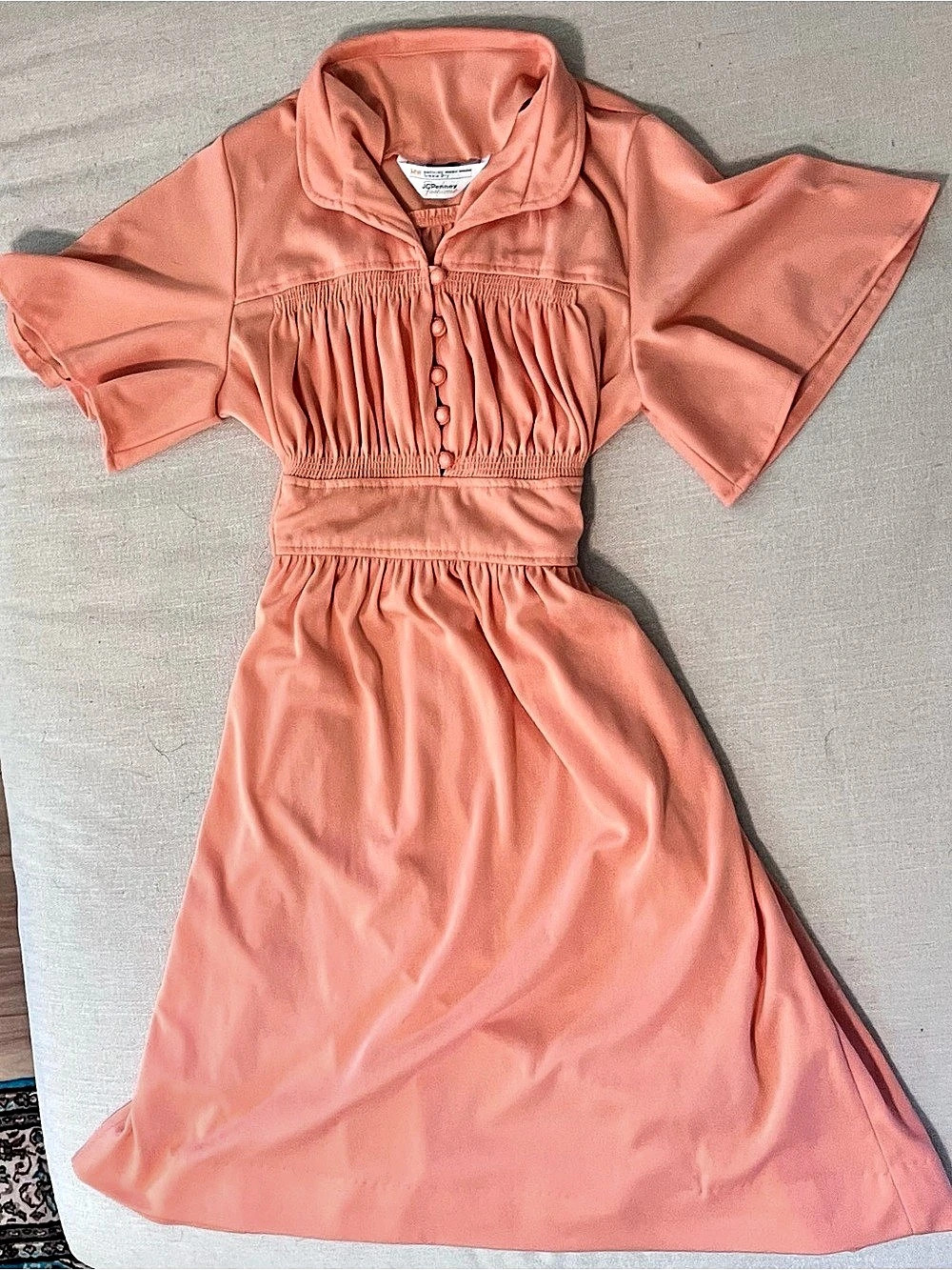 Vintage 70s JCPenney Fashions Peach Flutter Sleeve Dress